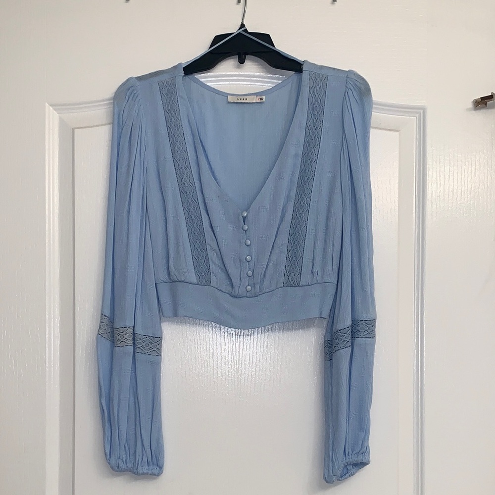 Lush Sky Blue Crop Top with Lace Detail
